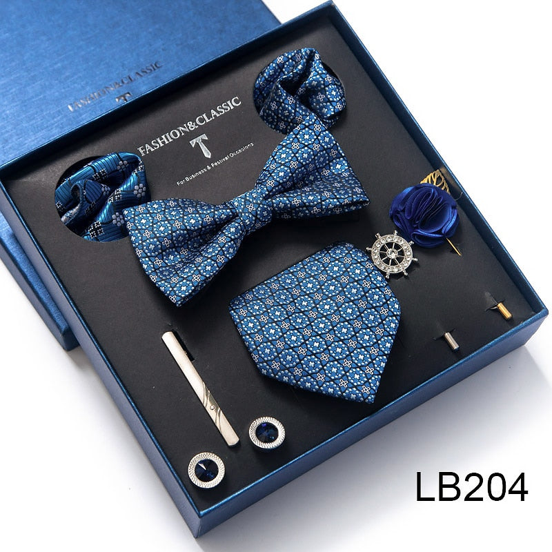 Envío Gratis, conjunto de corbata para hombre, caja de regalo de lujo, conjunto de corbata de seda, 8 Uds., embalaje interior, regalo festivo, pañuelos de bolsillo