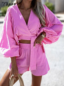 Women Casual Loose V Neck Crop Top And Straight Shorts Two Piece Set Female Solid Lace Up Long Sleeve Shirts Tops And Shorts Set