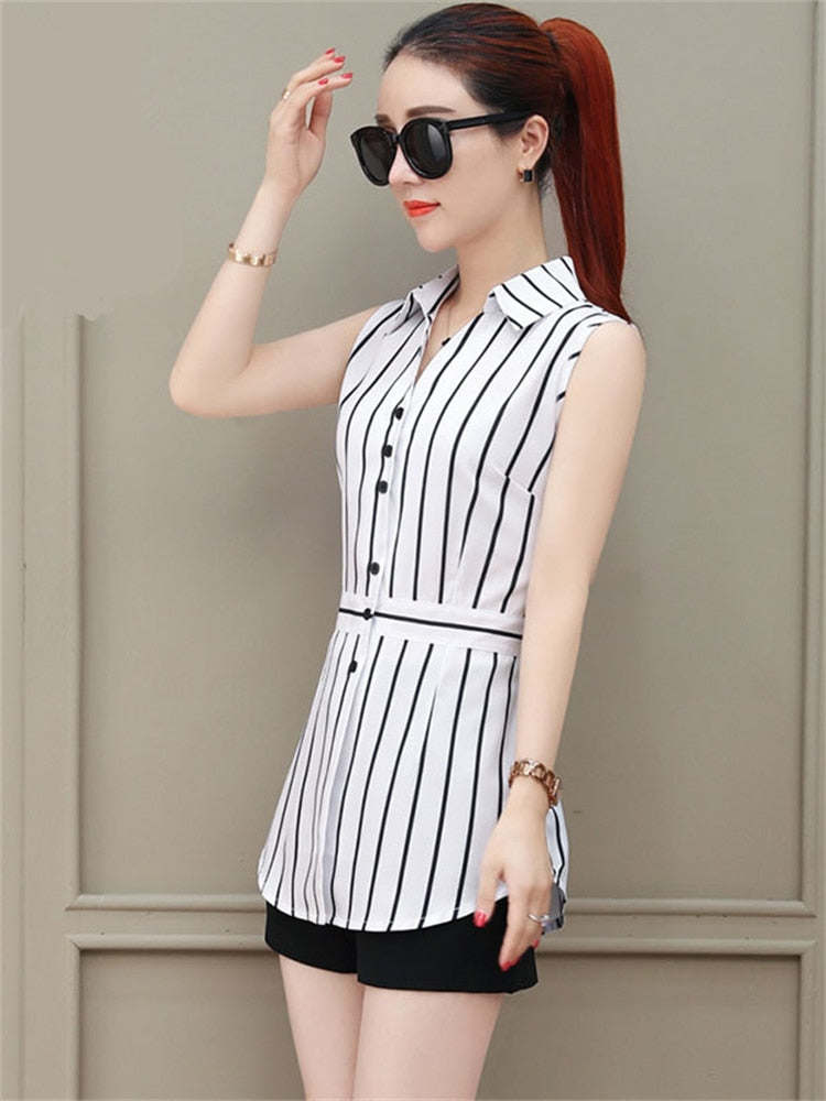 Women Spring Summer Long Style Chiffon Blouses Shirts Lady Casual Sleeveless Striped Turn-down Collar Blusas Tops DF1927