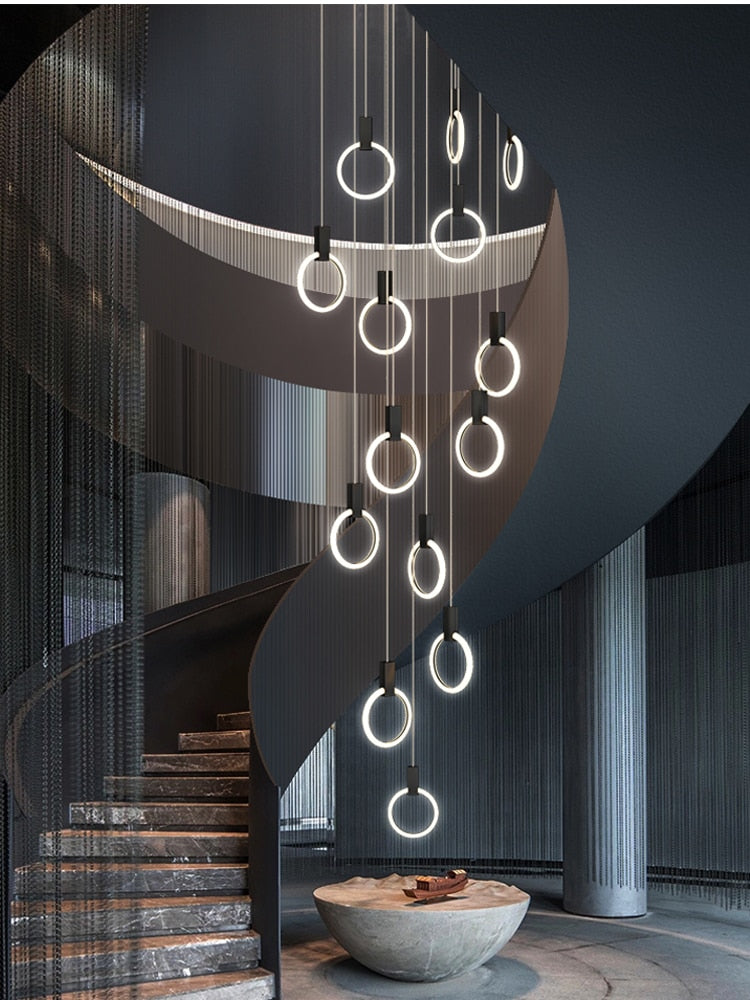 Candelabro LED moderno negro/dorado para interiores, iluminación de escaleras, anillo acrílico de hierro, luces decorativas para restaurante, lámpara colgante nórdica de lujo