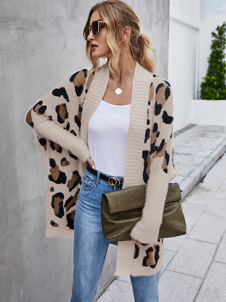 Fitshinling Fuzzy Leopard Long Cardigan Female Bohemian Slim Batwing Sleeve Overized Sweaters Cardiagns  For Women Winter Coat