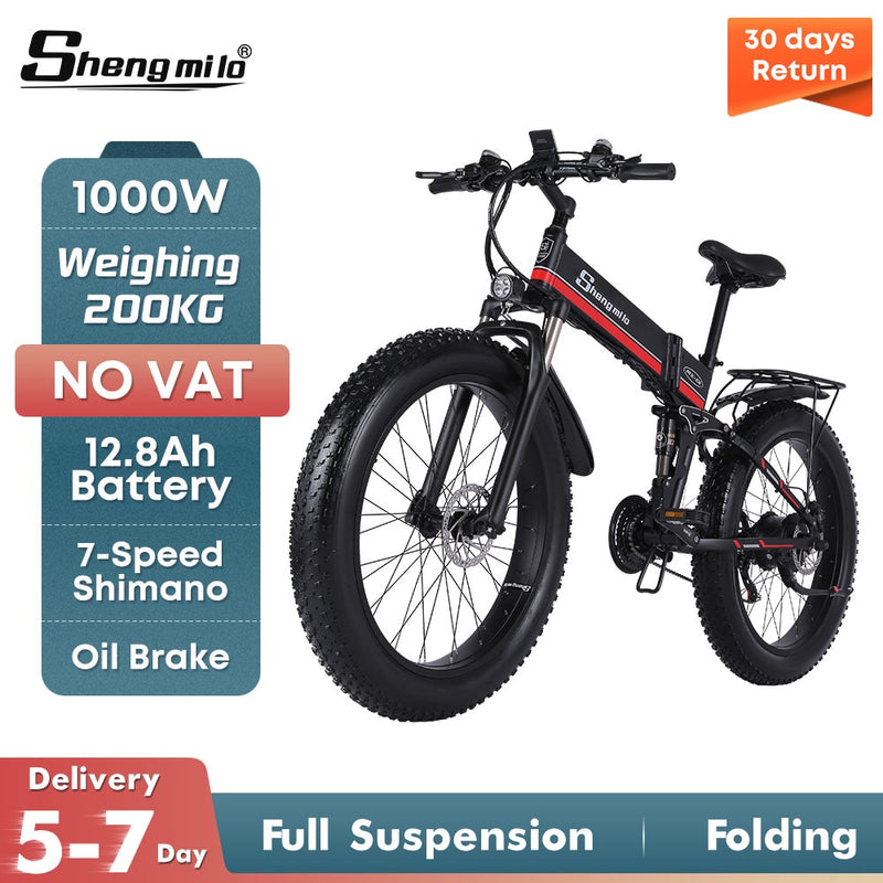 ShengmiloElectric Bike1000W Herren Mountainbike Snowbike Folding Ebike MX01 Erwachsenes Elektrofahrrad Fat Tire e Bike Beach Cruiser