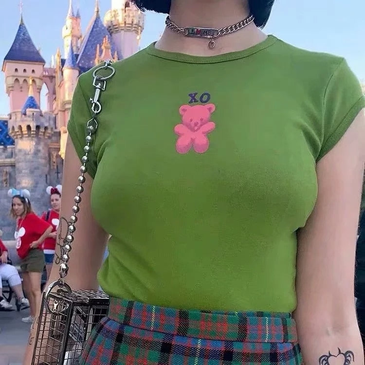 Women Bear Print Crop Tee Short Sleeve Slim Fit T-shirt