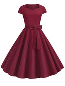 Summer Women Vintage Dress 50S 60S Short Sleeve Casual Elegant Retro Office Party Midi Dress Robe Femme Solid Vestidos