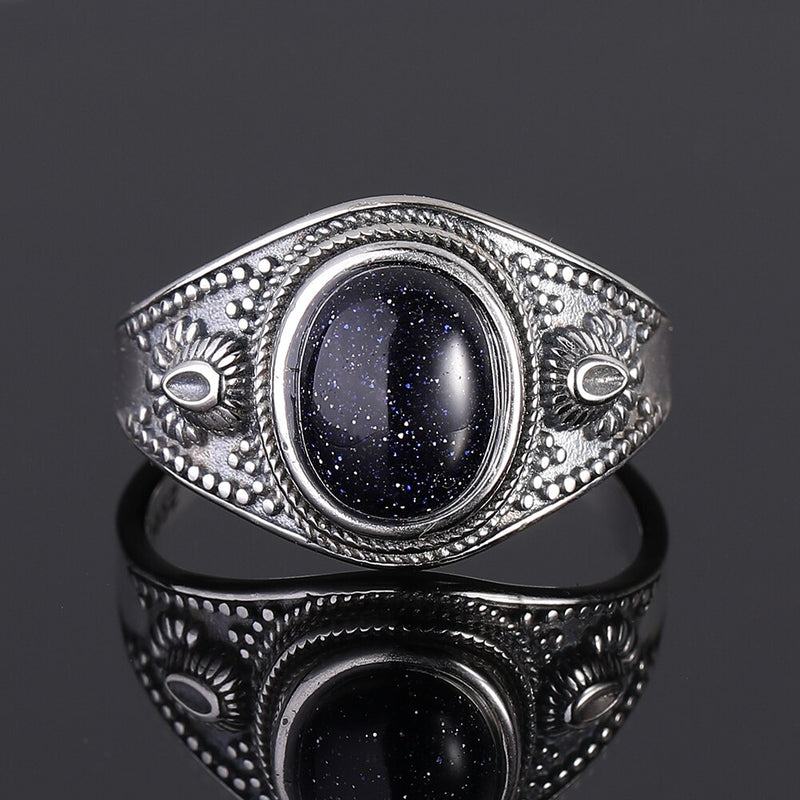Natürlicher blauer Sandstein 8x10MM silberner Ring-Schmucksache-Retro- ovaler Ring für Frauen-Geschenk-Großverkauf-Partei-Hochzeits-Geschenk