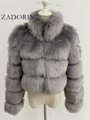 ZADORIN New Fashion Short Winter Faux Fox Fur Coat Women Luxury Stand Fur Collar Thick Warm Furry Jacket Faux Fur Cropped Top