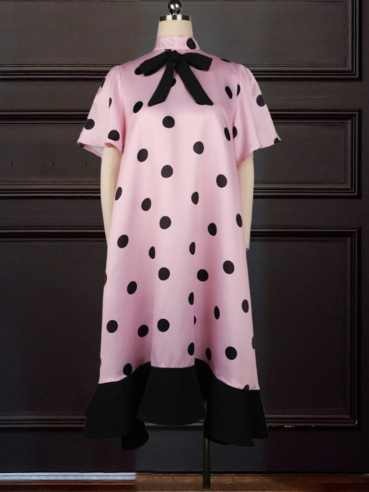 Frauen Rosa Kleid Polka Dot mit Fliege Schöne Lose Prinzessin Party Rüschen Patchwork Kurzarm Afrikanische Frau Niedlich Vestidos