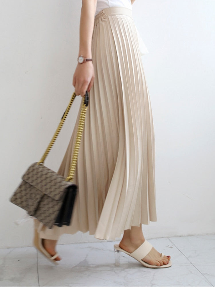 Diseñador de marca Mujer Primavera Otoño Elegante Chic Sólido Falda plisada Cintura alta Moda de lujo con elástico Mujer C-035