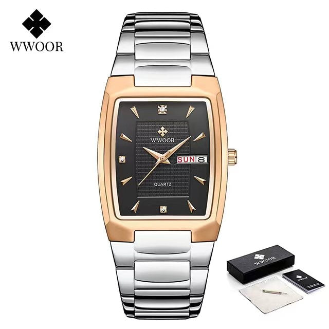 Relogio Masculino WWOOR 2022 Neue quadratische Uhr Herren mit automatischem Wochendatum Mann Quarz Armbanduhren Luxus Edelstahl Gold