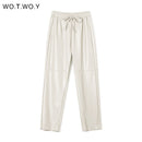WOTWOY High Waist Spliced Loose Leather Pants Women Autumn Solid Drawstring PU Leather Trousers Women Straight Pants Female 2021