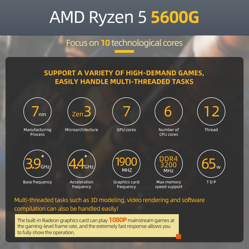 AMD Ryzen 5 5600G R5 5600G 3.9GHz Six-Core Twelve-Thread 65W CPU Processor L3=16M 100-000000252 Socket AM4 NO FAN