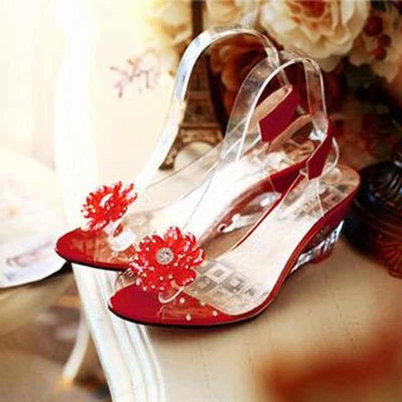 Sandalias de cuña de 6,5 CM para mujer, sandalias de verano con flores dulces transparentes y tacones abiertos, sandalias rojas de boca de pez de talla grande 33-43