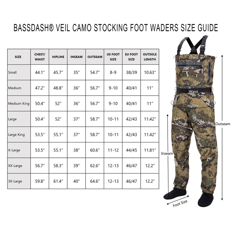 Bassdash Veil Camo Chest Stocking Foot and Boot Foot Pesca Caza Waders para hombres Transpirable y ultraligero en 13 tamaños