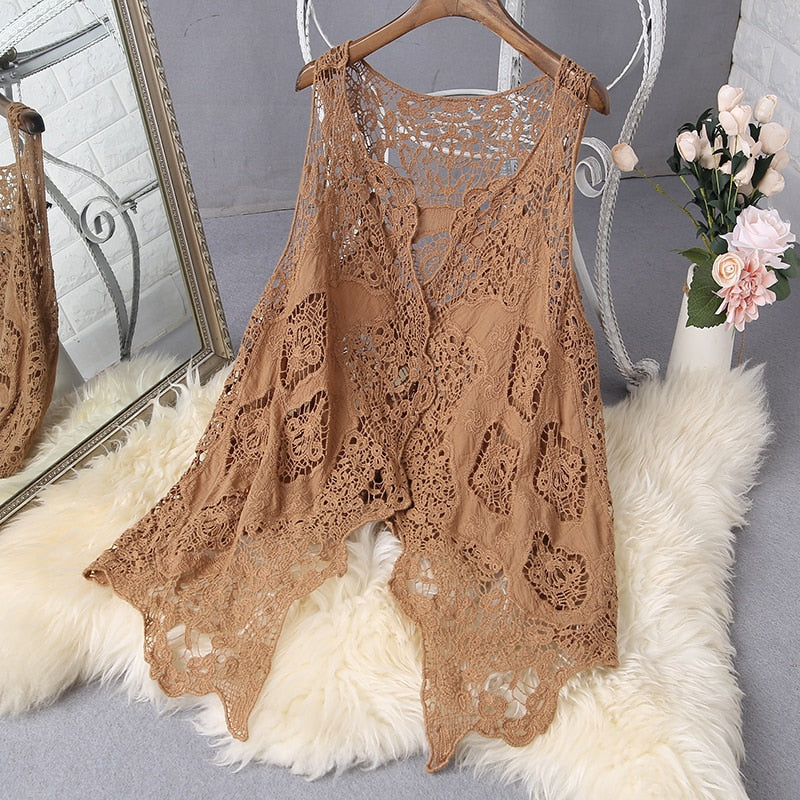 Hippie Froral Patch Design Vest Retro Vintage Crochet Summer Beach Cover Up Top Asymmetric Open Stitch Kimono Cardigain 2022