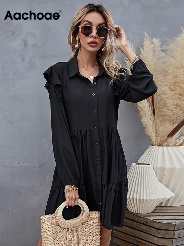 Aachoae Summer Autumn Women Black Dress Ruffles Long Sleeve Elegant Shirt Dress Loose Casual Pleated Mini Dress Sundress Robe