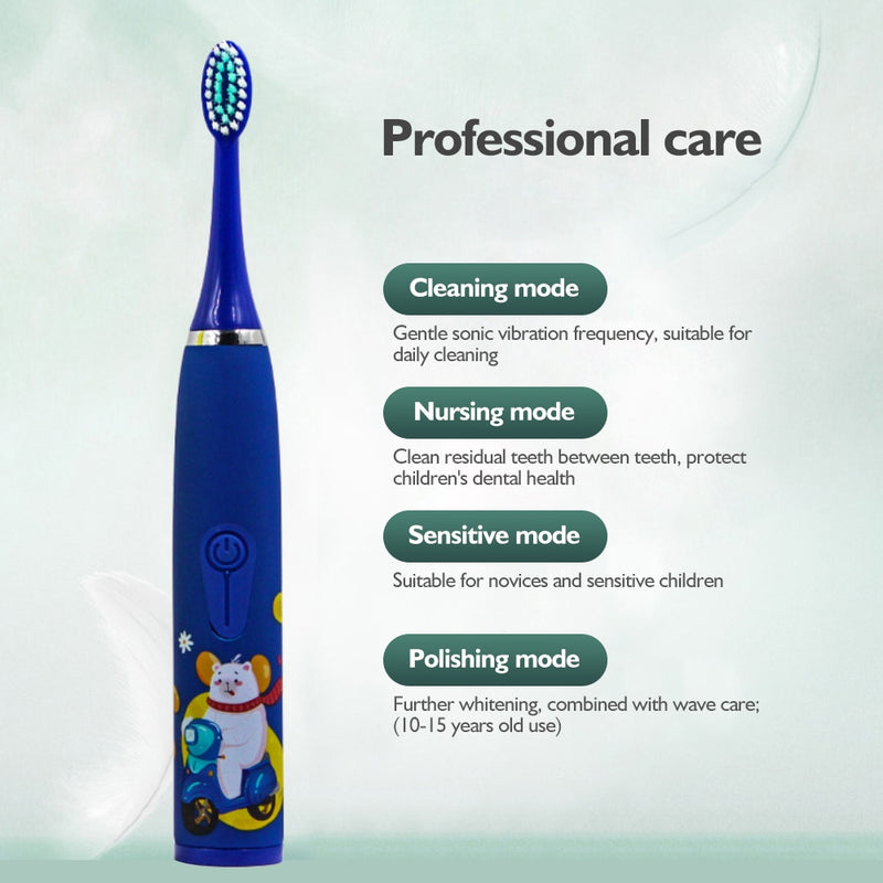 Elektrische Ultraschall-Zahnbürste für Kinder mit weichen Borsten, Cartoon, 4-Modus, IPX6, wasserdicht, Zahnprävention, Kariesreiniger, USB-Aufladung