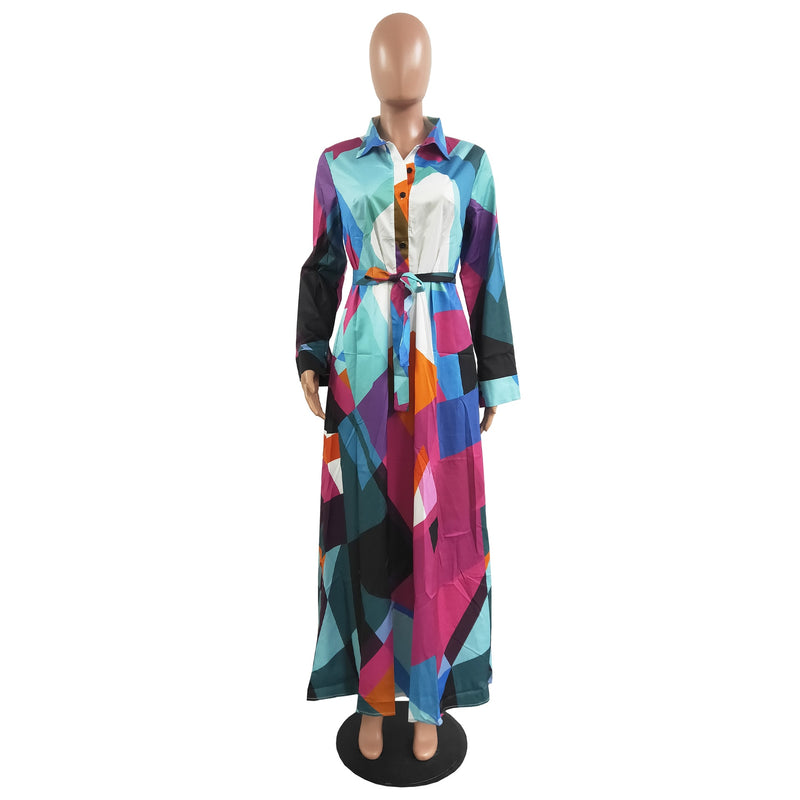 Vestidos largos de camuflaje de primavera y otoño para mujer, vestido largo ajustado de manga larga hasta el suelo, vestido camisero informal con cuello vuelto y botones