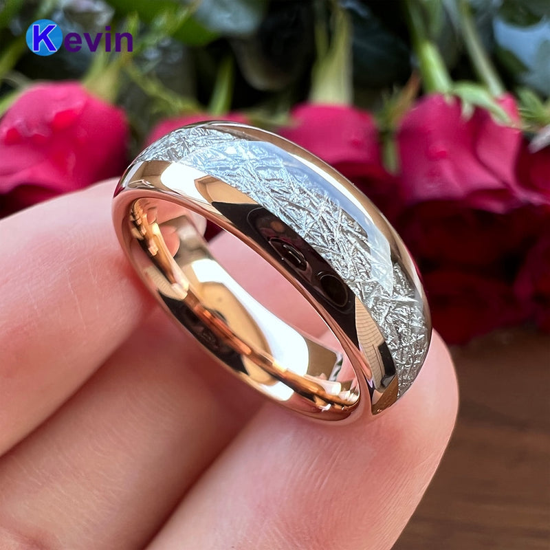 Rose Gold Womens Mens Weding Band Tungsten Ring Dome Band White Meteorite Inlay 6MM 8MM Comfort Fit