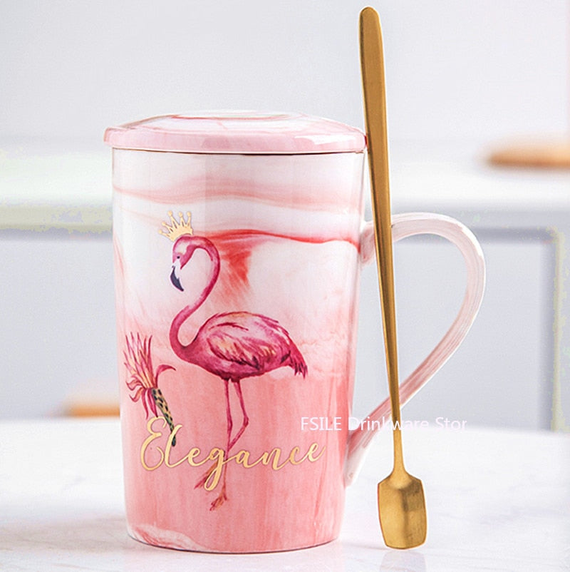 FSILE Marble Pattern Cup Gold Rim Mug Gift Box Set Coffee Cup  Couple Women Cup Flamingo Cup Ceramic with Hand Ceremony