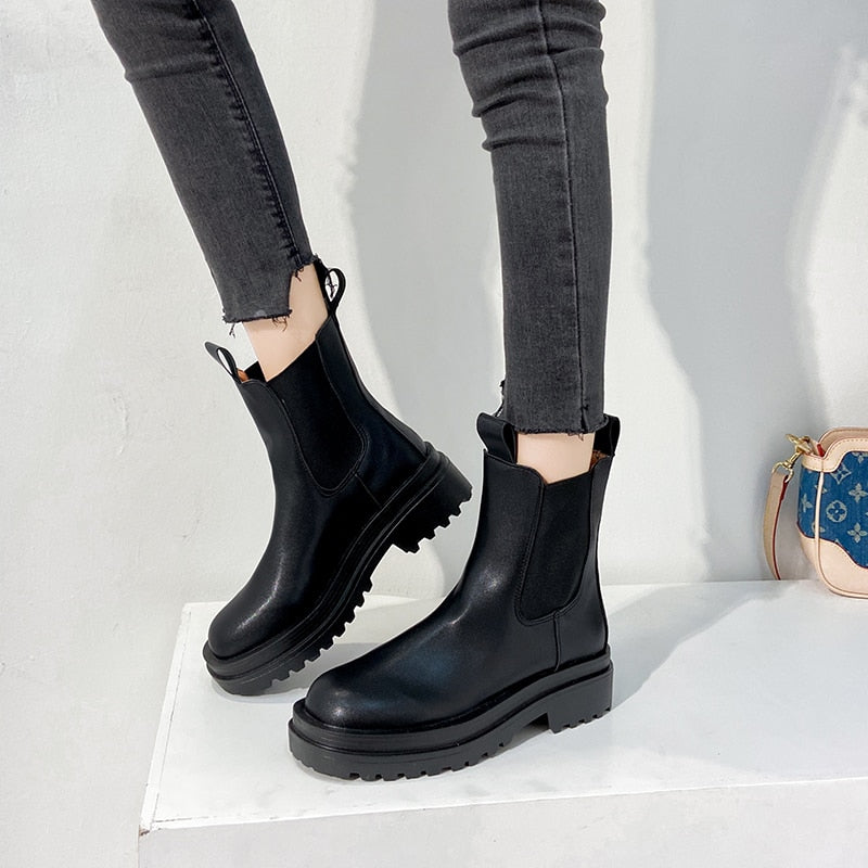 TUINANLE Chelsea Boots Chunky Boots Women Winter Shoes PU Leather Plush Ankle Boots Black Female Autumn Fashion Platform Booties
