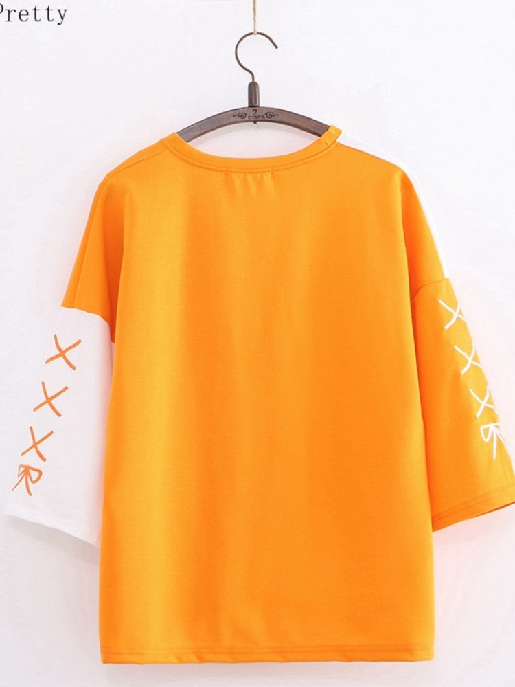 Korean Fashion Sommer Frauen T-Shirt Kawaii Kleidung Orange Stickerei Patchwork Kurzarm Baumwolle T-Shirt Cute Sweet Girls Tops