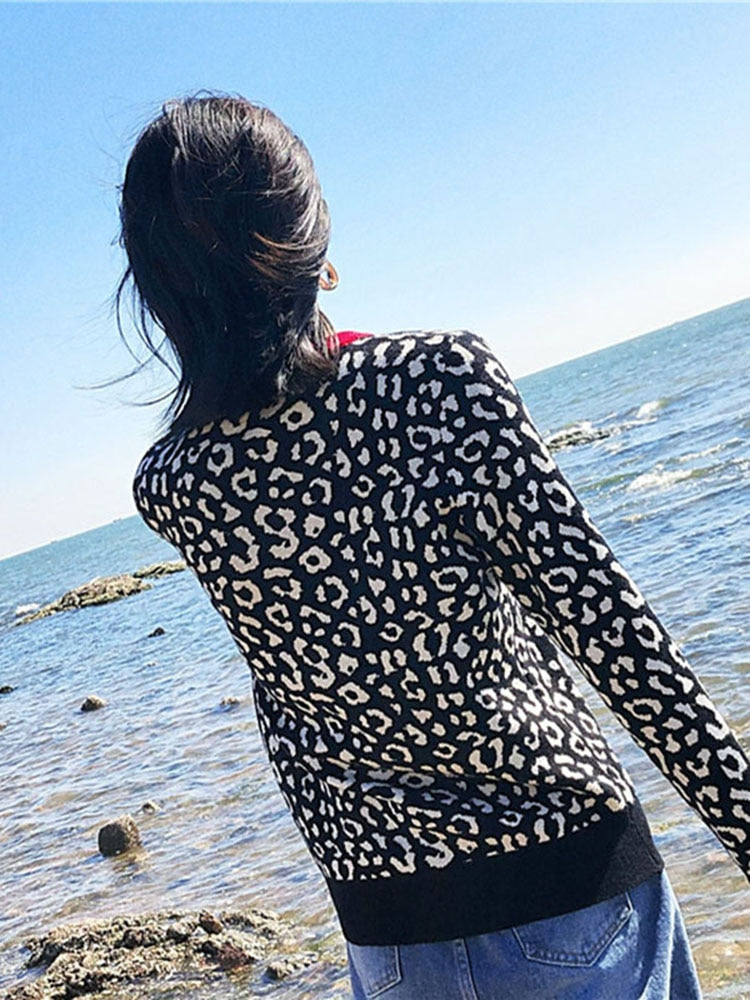 Autumn Winter Women Sweaters Leopard Knitted Pullovers Long Sleeve Contrast Color Crewneck Jumpers Sweter Mujer C- 026