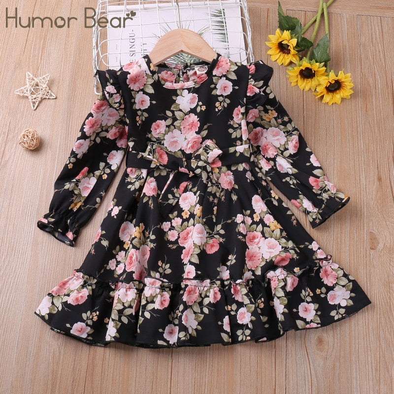 Humor Bear Autumn Winter Toddler Girl Dress Long Sleeve Cotton Ruffles Princess Dress Kids Corduroy Pleated Fashion Baby Dress