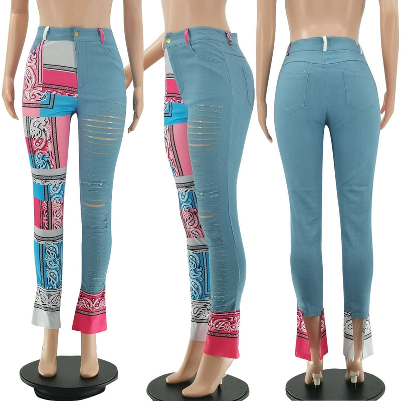 Bandana Print Damen Jeans Distressed Skinny Denim Pants Flare Slim Bottoms Fitness Herbst Winter Streetwear Outfits Hose
