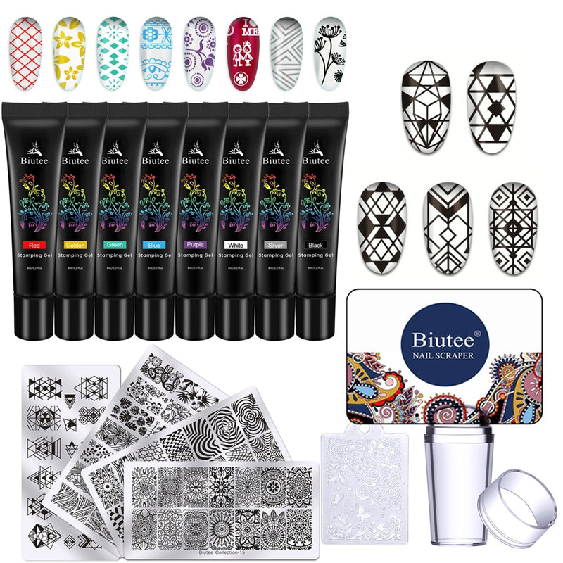 Biutee 8Colors Kit Nail Stamping Gel Polish Set 8ml Stamp Print Oil UV Gel Vanish Soak Off Varnish For Nail Art Stamping Plates