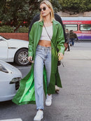 Lautaro Autumn Extra Long Green Leather Trench Coat for Women Long Sleeve Sashes Single Breasted Maxi Overcoat 2021 Streetwear