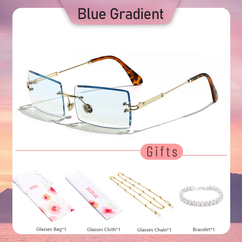 HBK Fashion Rimless Sunglasses Women TOP QUALITY Trendy Small Rectangle Sun Glasses Summer Style UV Gold Brown Shades for men