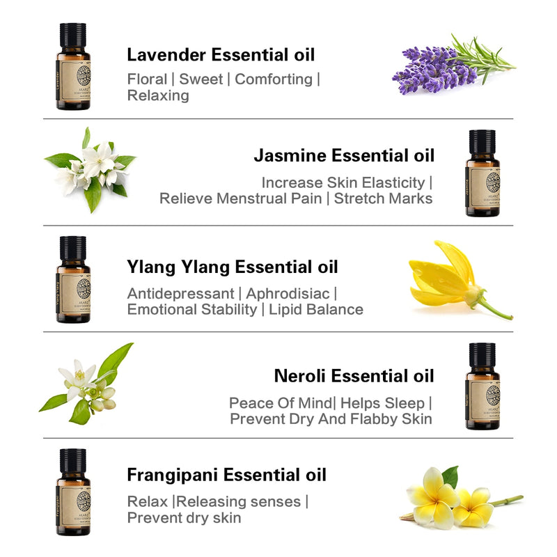 AKARZ Flower Serie 10 Sets Lavanda Jazmín Rosa Ylang Neroli Frangipani Lotus Peony Osmanthus Violeta Aceite Esencial