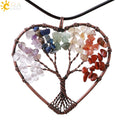 CSJA 7 Chakra Natural Stone Pendant Chip Beads Wrap Wisdom Tree of Life Antique Copper Plated Heart Pendants for Necklace E269