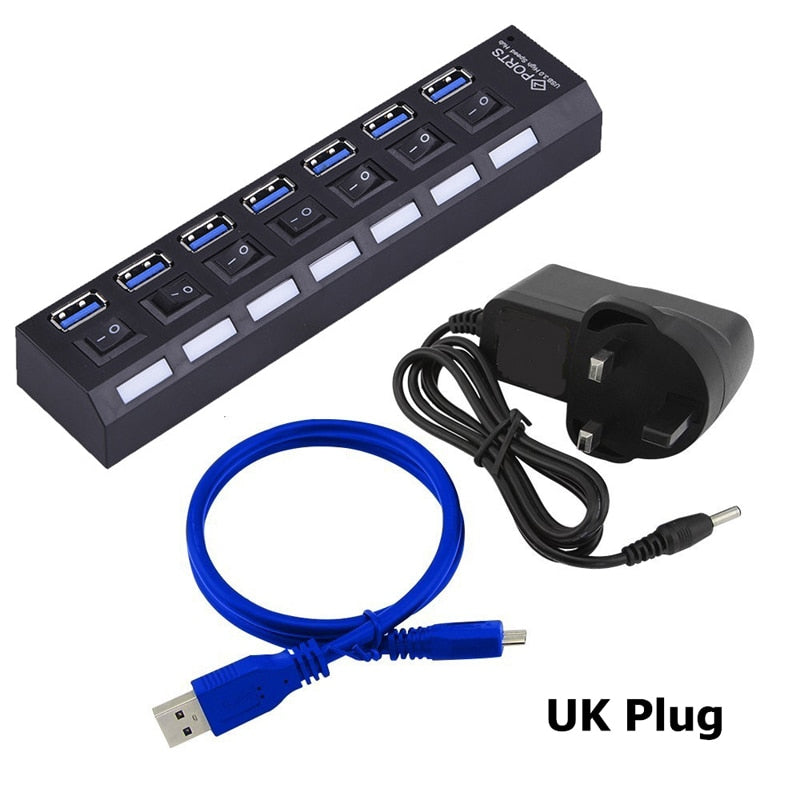 USB HUB 3.0 4 7 Port Usb Multi Splitter With Power Switch Supply Adapter For Macbook Pc Computer Laptops Notebook Accessories