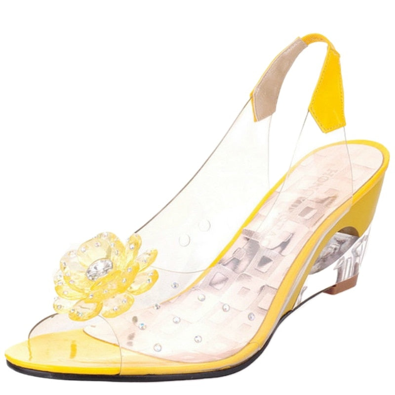 6.5CM Wedges Sandals Women Summer Sweet Flowers Transparent Open Toe Heels Sandals Fishmouth Red Sandals Plus Size 33-43