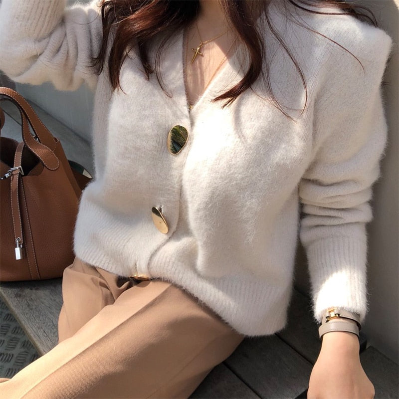 FMFSSOM Golden Shiny Button Einreiher Woolen Damen Cardigans Pullover Casual Female Warm Elegant Herbst Winter