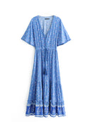 Vintage Chic Fashion Women Floral Print V-neck Rayon Beach Bohemian Maxi Dress Ladies V Neck Tassel Summer Boho Dresses Robe