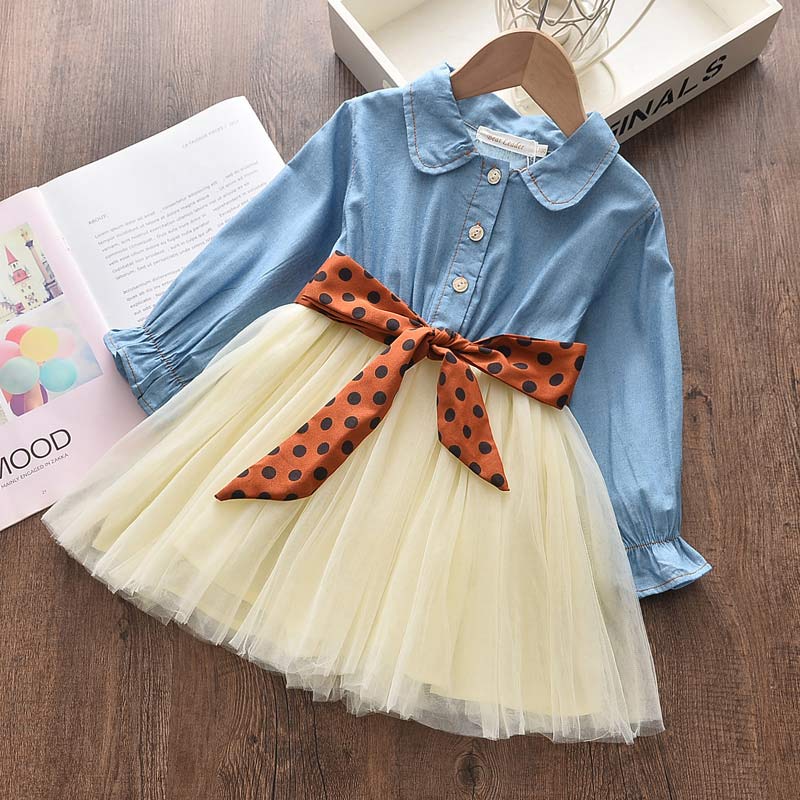 Bear Leader Girls Party Dresses 2022 New Autumn Girls Princess Dress Sashes Denim Mesh Outfits Sweet Kids Spring Clothes Suits