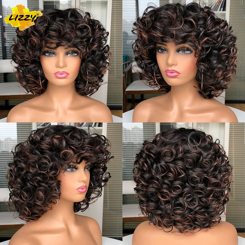 Peluca Afro rizada de pelo corto con flequillo, Cosplay sintético suelto, pelucas naturales esponjosas hasta los hombros para mujeres negras, marrón oscuro, 14"