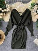 YuooMuoo Herbst Winter Frauen Strickpullover Kleid 2022 Neue Koreanische Lange Fledermausärmel V-ausschnitt Elegantes Kleid Damen Verbandkleid