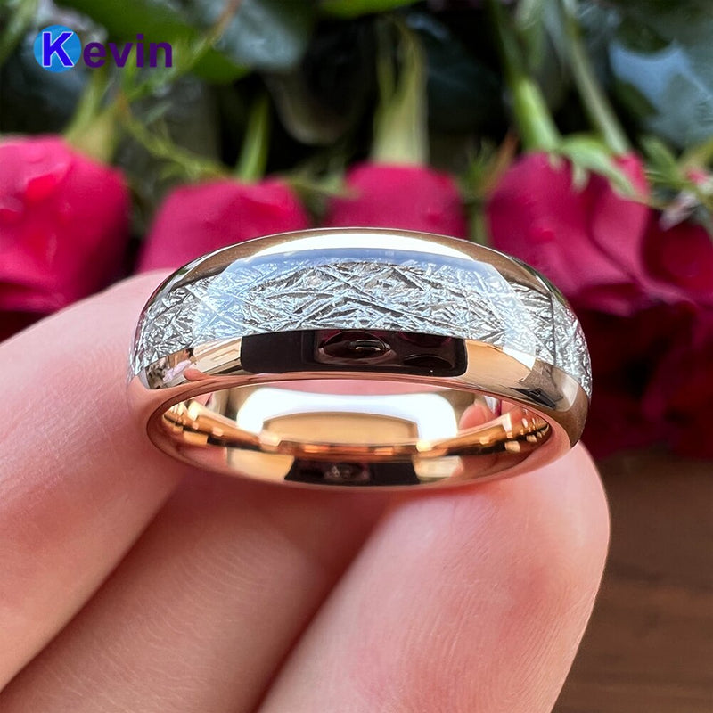 Rose Gold Womens Mens Weding Band Tungsten Ring Dome Band White Meteorite Inlay 6MM 8MM Comfort Fit