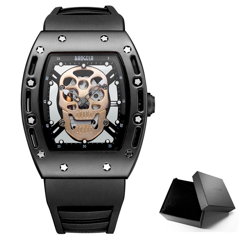 Baogela Fashion Mens Skeleton Skull Luminous Quartz Watches Military Style Black Silicone Rectangle Dial Armbanduhr für Man1612