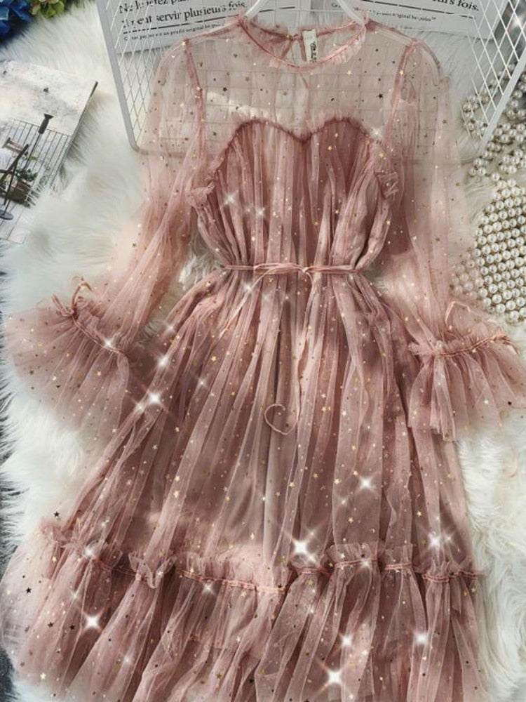 2022 New Female O-neck Stars Sequined Mesh Shiny Fairy Dress Women Elegant Bling Gauze Princess Puff Dresses Vestidos De Fiesta