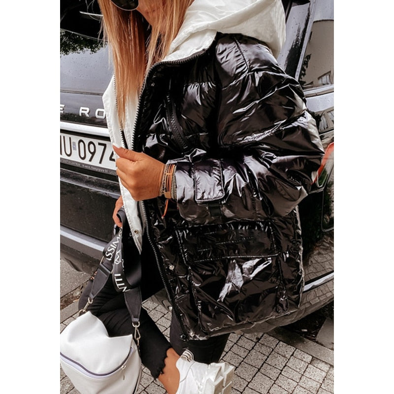 Abrigo con capucha brillante de invierno para mujer, chaqueta Bomber de manga larga con cremallera informal de estilo callejero, Parka gruesa y cálida, prendas de vestir exteriores 2021