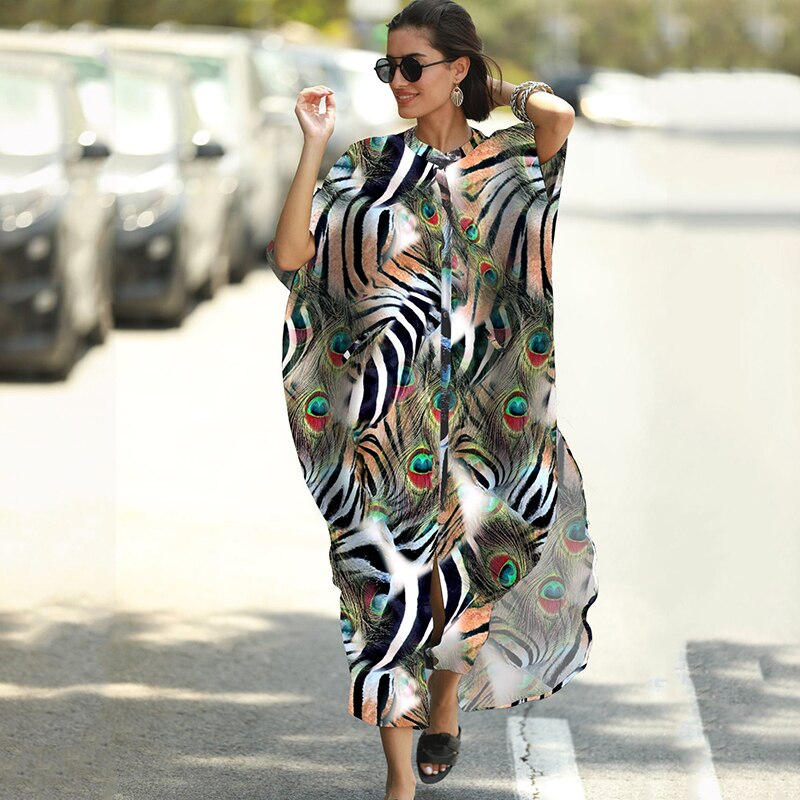 Cover-ups 2022 Kaftan Beach Print SnakeSkin Badeanzug Cover Up Kimono Plage Beach Robe Femme Long Dress Sarong Dress Beachwear