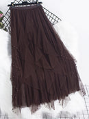 Qooth Women Beaded Petal Mid-length Ruffles Mesh Pleated Skirts Elegant High-waisted Fairy A-line Long Tulle Skirts QT1682