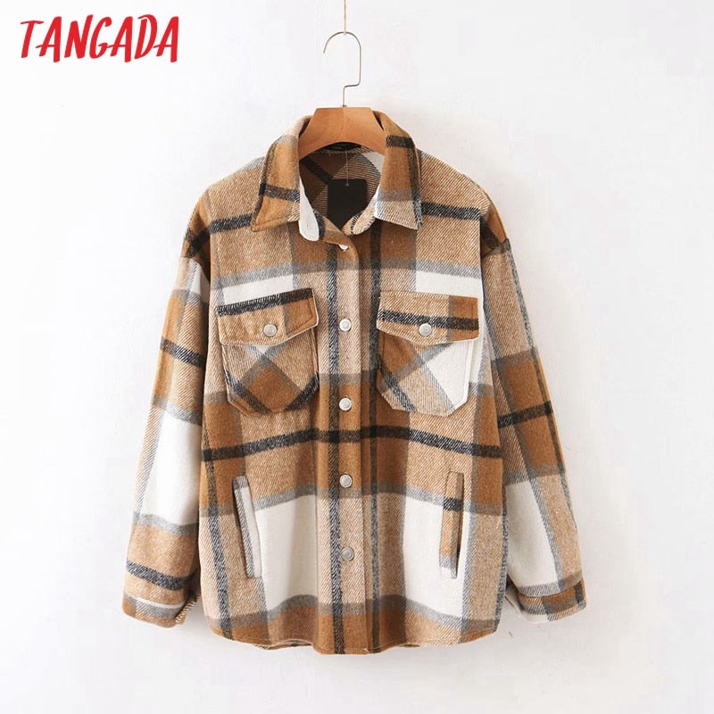 Tangada 2020 Autumn Winter Women Blue Plaid Long Coat Jacket Pocket Casual Warm Overcoat Fashion Outwear Tops QW12