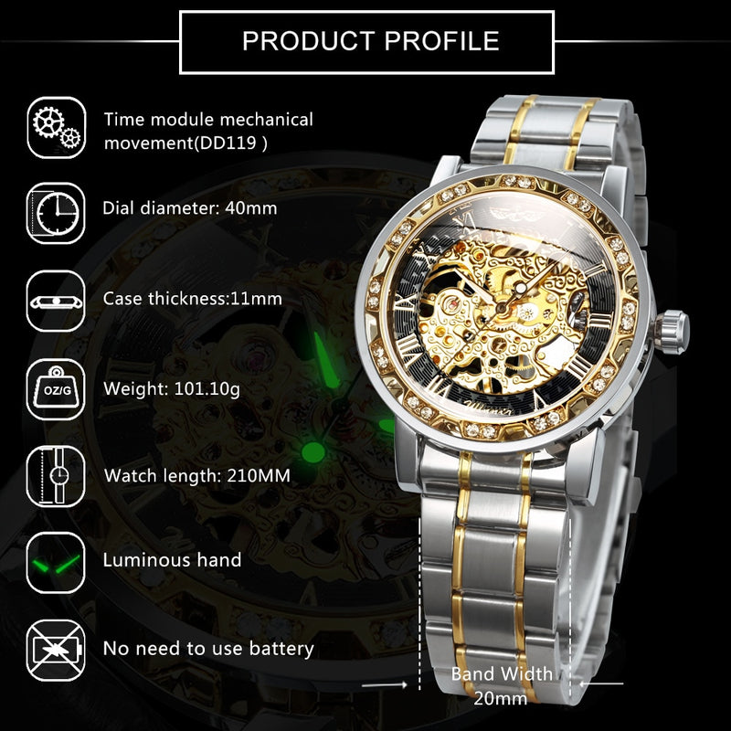 Winner Transparent Diamond Mechanical Watch Skeleton Wrist Watch for Men Top Brand Luxury Watches Unisex Size Clock reloj hombre