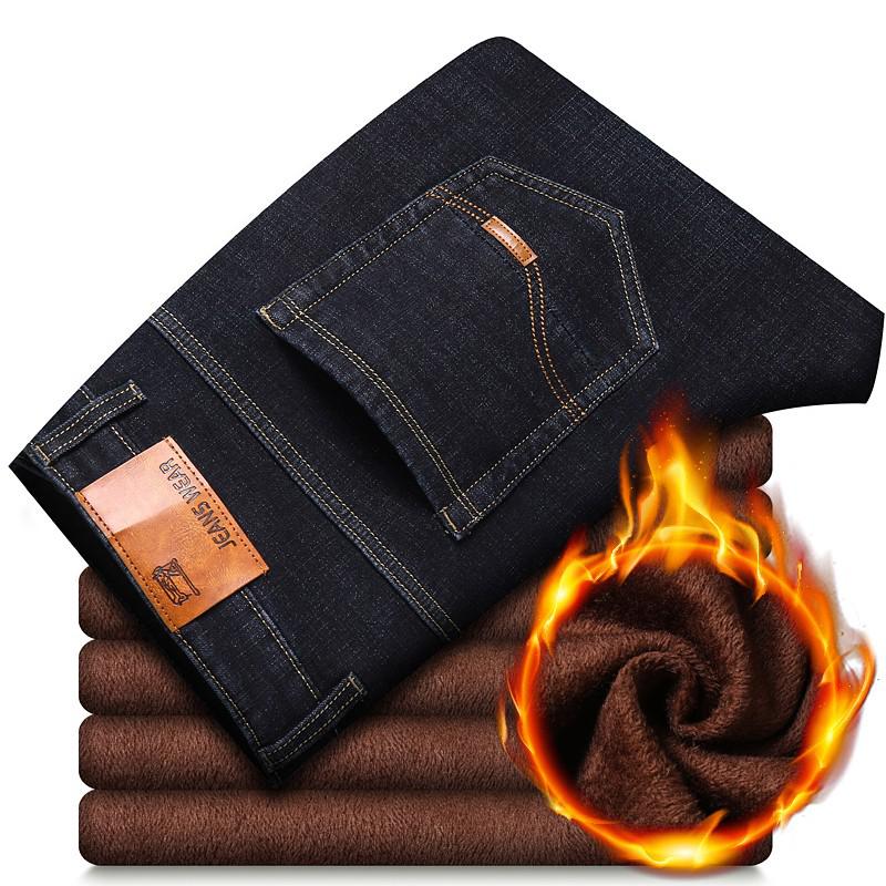 Winter Thermal Warm Flanell Stretch Jeans Herren Qualität Berühmte Marke Fleecehose Herren Gerade Beflockung Hose Jean Male