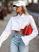 Bclout Casual Crop Top Women Blouses Fashion Turn Down Collar White Shirt Flare Sleeve Blouse Female Autumn Sexy Tops Woman 2022
